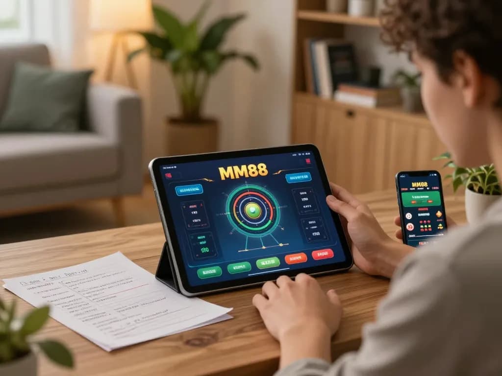 Player enjoys MM88 casino app on tablet, engaged in strategic betting in a cozy setting