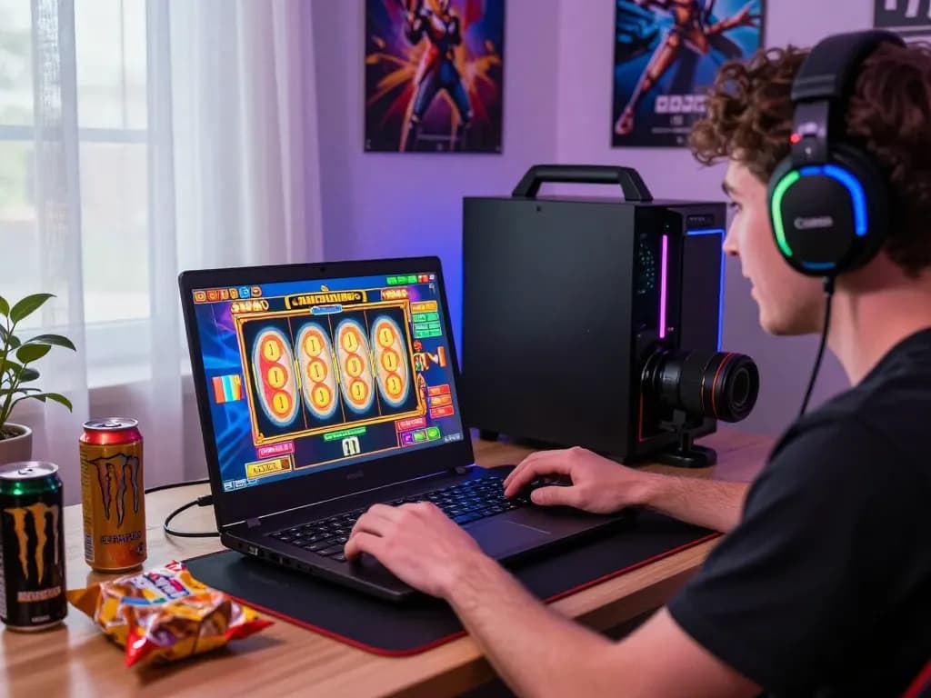 Player enjoying dash88 online slots with vibrant graphics in a cozy gaming setup