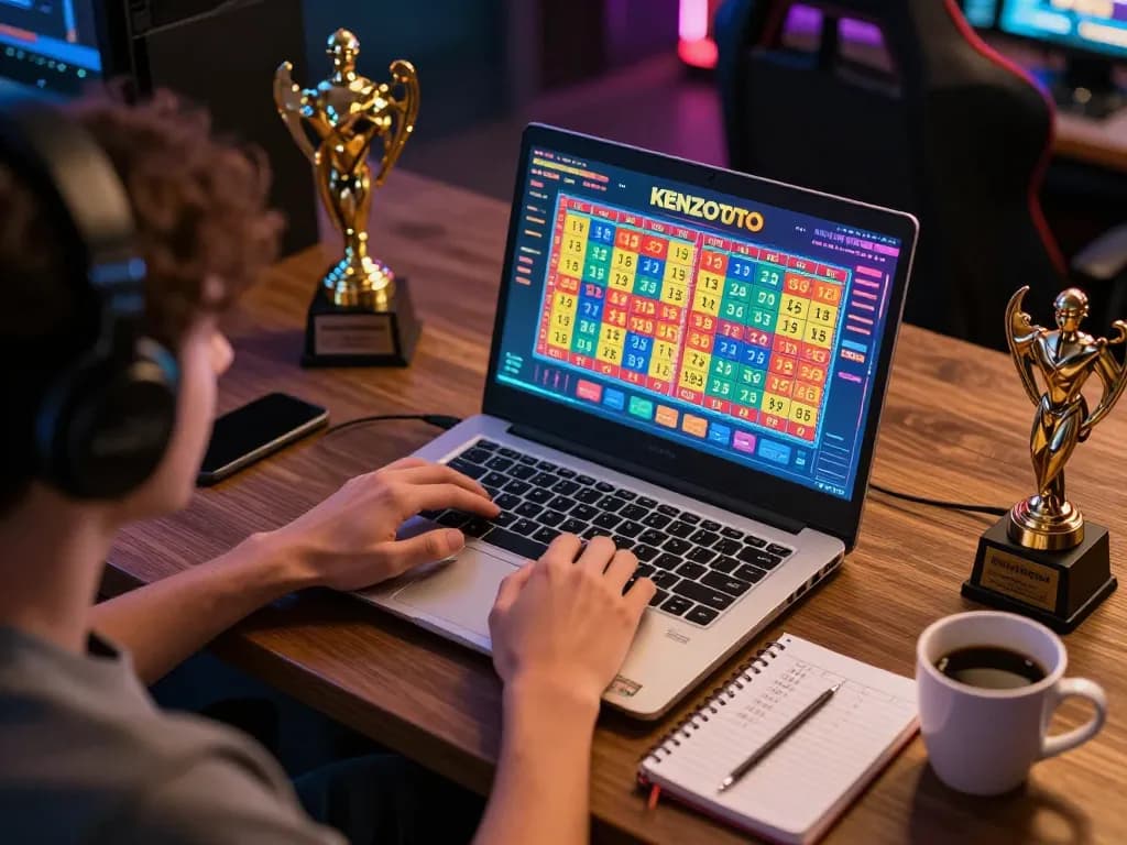 Pemain yang terlibat menikmati pengalaman permainan online KENZOTOTO dengan buku catatan strategi dan laptop.