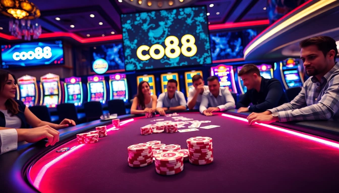 Experience co88's exciting poker gameplay at a luxurious casino table.