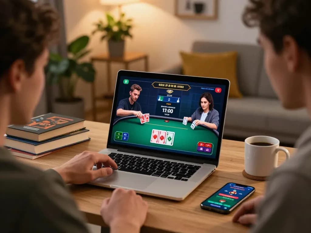 Pemain yang terlibat menganalisis kartu sambil menikmati poker online ombak88 dari kantor rumah.