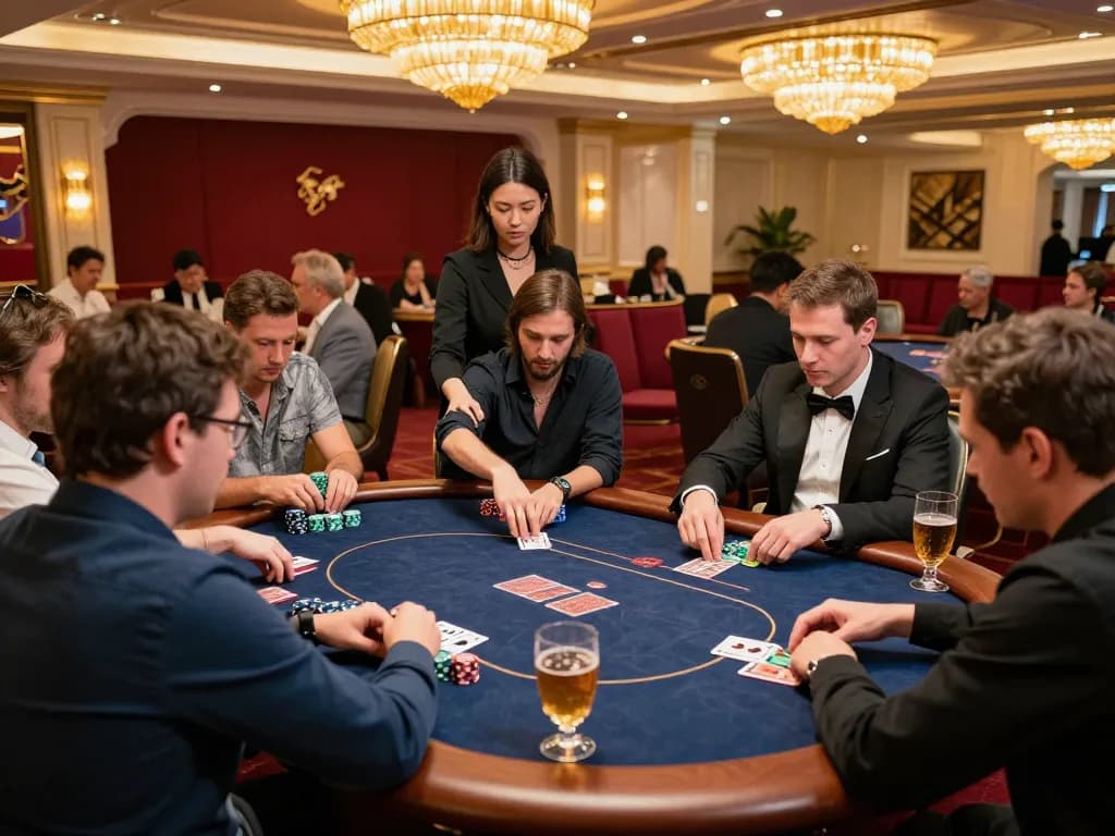Players engage in a thrilling poker game at SOC88, showcasing intense competition and luxurious surroundings.