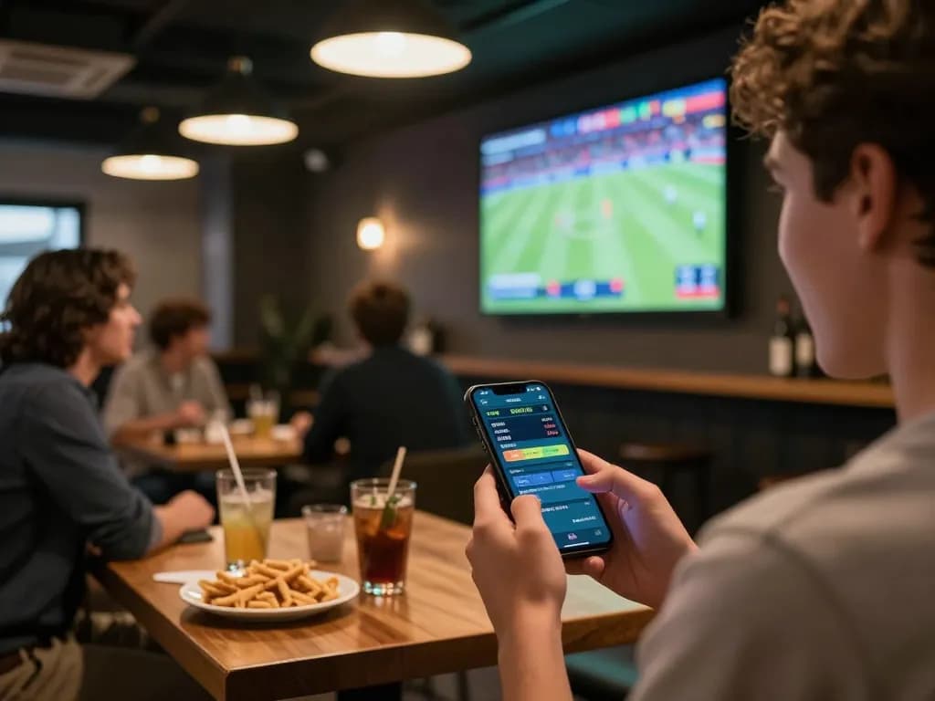 Person using a smartphone for kèo nhà cái hôm nay while enjoying a thrilling sports event in a vibrant sports bar.