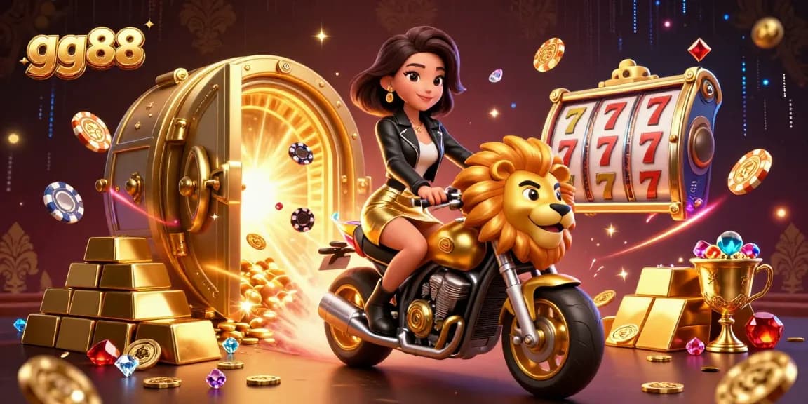 Experience tantalizing slots on gg88 with a glamorous woman riding a golden lion in a vibrant casino scene.