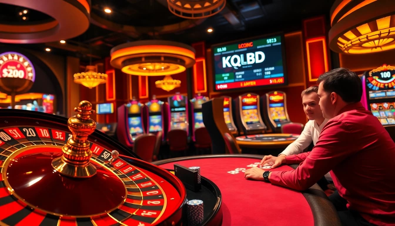 KQBD sports updates displayed in a vibrant casino scene with roulette and poker tables.