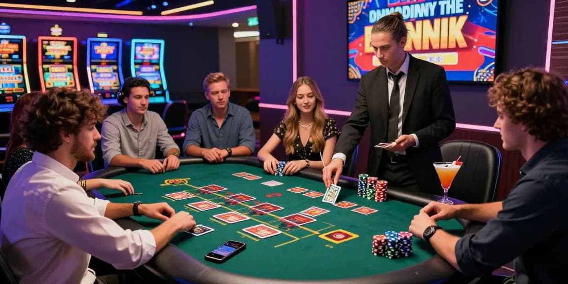 Vibrant online casino atmosphere at dea.org.uk showcasing players enjoying card games and slots with colorful lights and promotions.