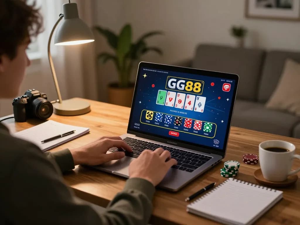 Player engaging in blackjack on GG88 with laptop and notes visible.