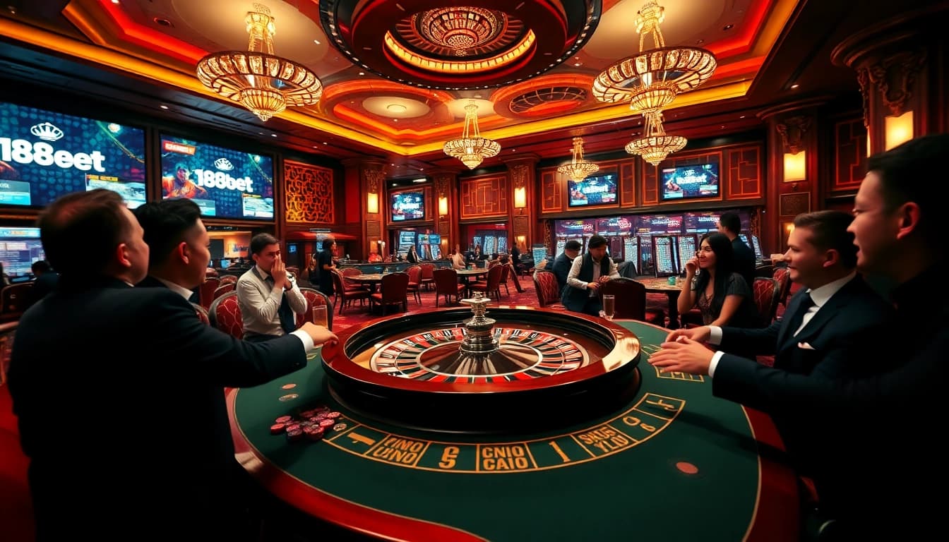 Players enjoying a thrilling game at 188bet casino, highlighting a lit roulette table and vibrant atmosphere.