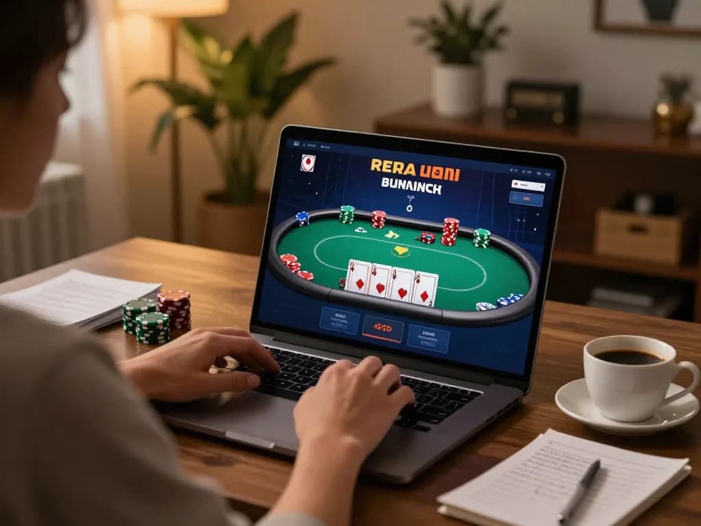 Engaging player using laptop to enjoy 789f poker game strategy in a stylish home office