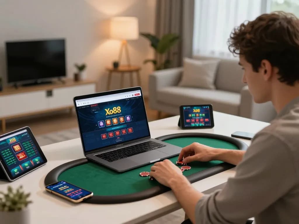 Xo88 user placing a strategic bet in an engaging online poker game from a stylish home office.