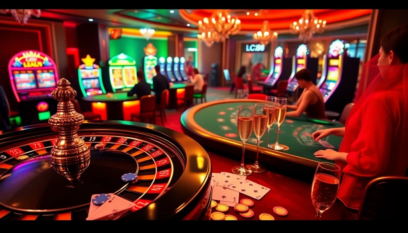 Players strategizing at the LC88 casino table, showcasing vibrant poker chips and a roulette wheel for an immersive gambling experience.