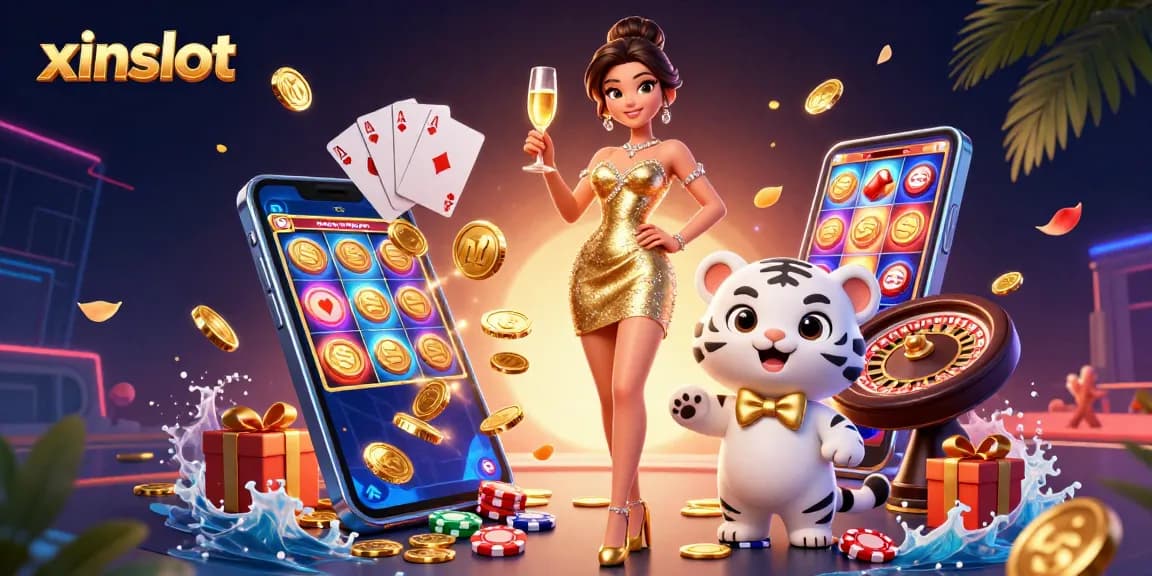 XINSLOT players enjoying vibrant online gaming experience with dynamic scenes and high-stakes thrills.