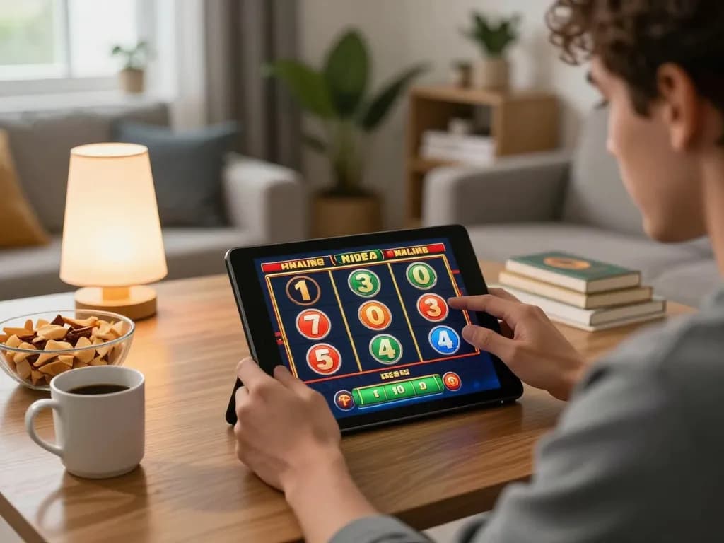 Player enjoying slots on a tablet at home, showcasing imcatherinemcgrath online gaming excitement.