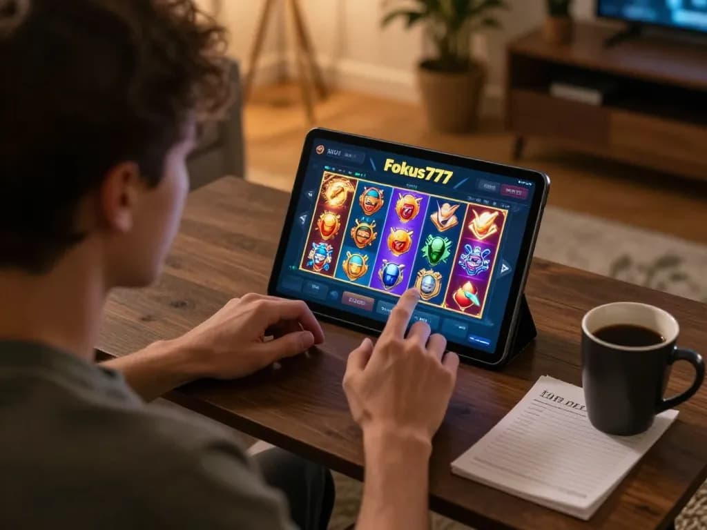 Engaging in online gaming with Fokus777 login on a tablet, vibrant slot displays and a cozy atmosphere.