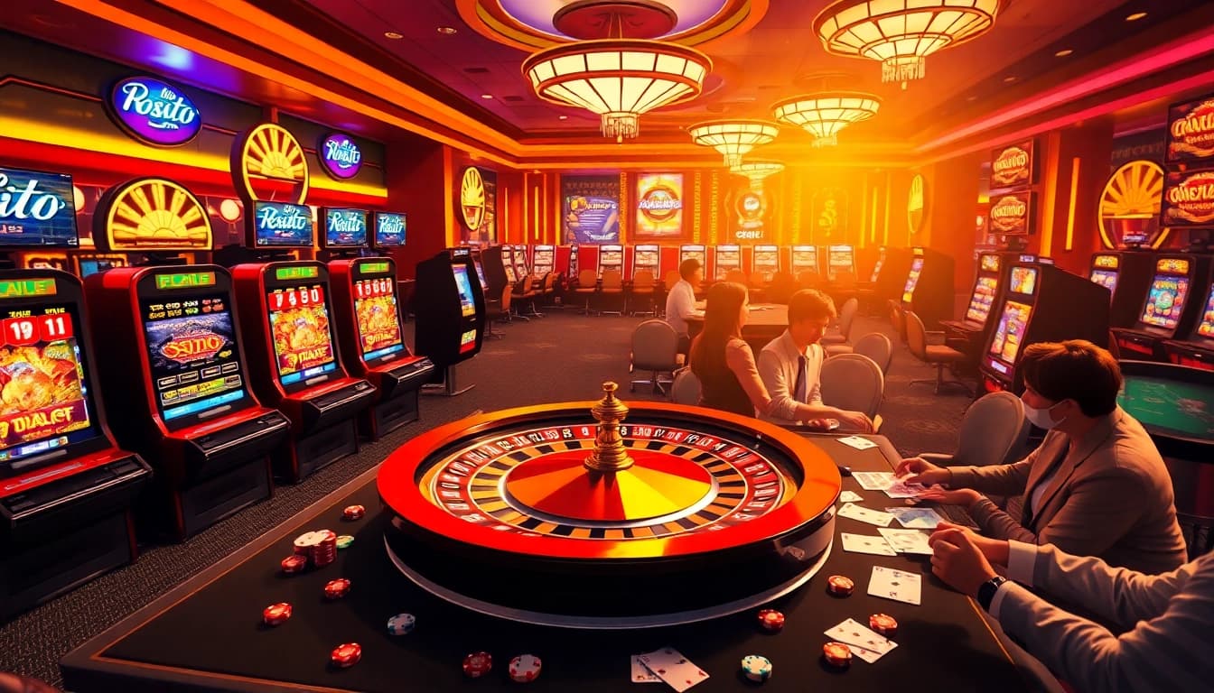Rasakan sensasi menang dengan rajampo di kasino mewah yang menghadirkan mesin slot yang berwarna-warni dan pemain yang terlibat.