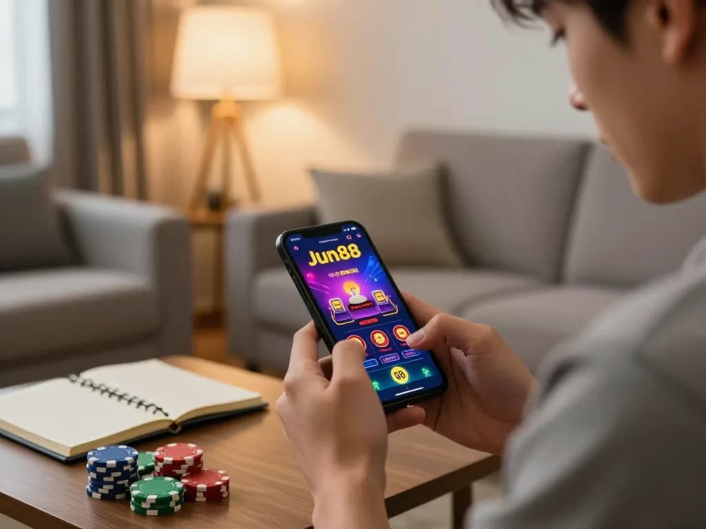 Player engaging with jun88 đăng nhập on smartphone while strategizing with poker chips and notes.