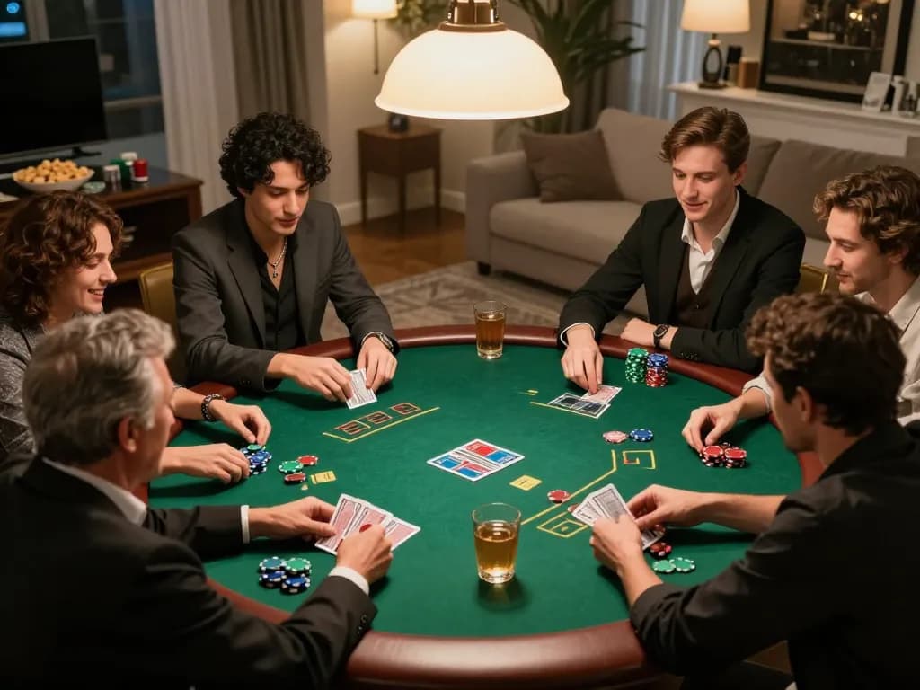 IWIN68 players engaging in a friendly poker game at home with chips and cards visible
