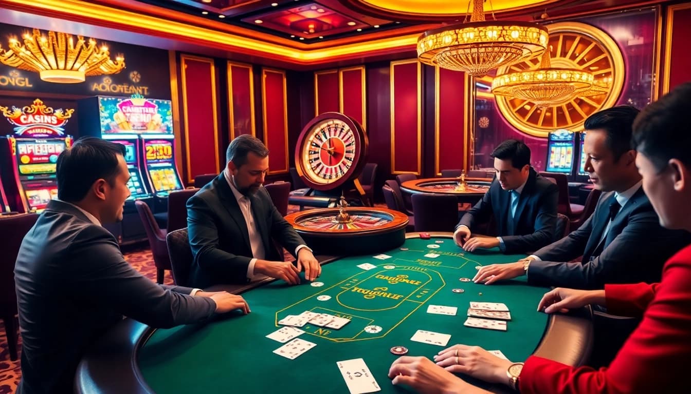 Experience the excitement of F8BET with vibrant casino visuals featuring poker tables and slot machines.