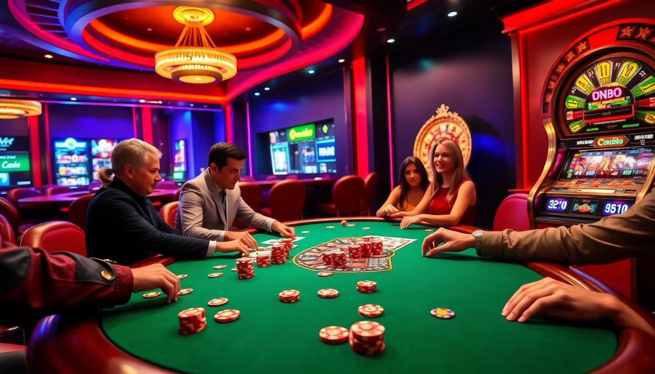 Engage in thrilling games at dn88's vibrant casino, featuring poker tables and colorful chips.