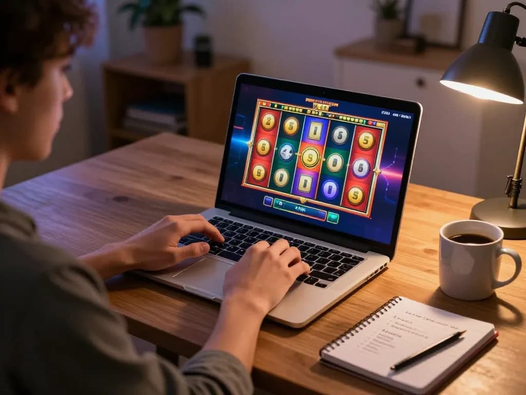 Player engaged in slots on laptop during a cozy evening at home, reflecting vegrecipeworld's gaming vibe.