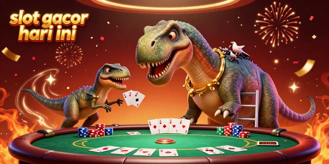 Experience excitement with slot gacor hari ini as a brontosaurus enjoys a lively poker game, with vibrant casino elements surrounding.