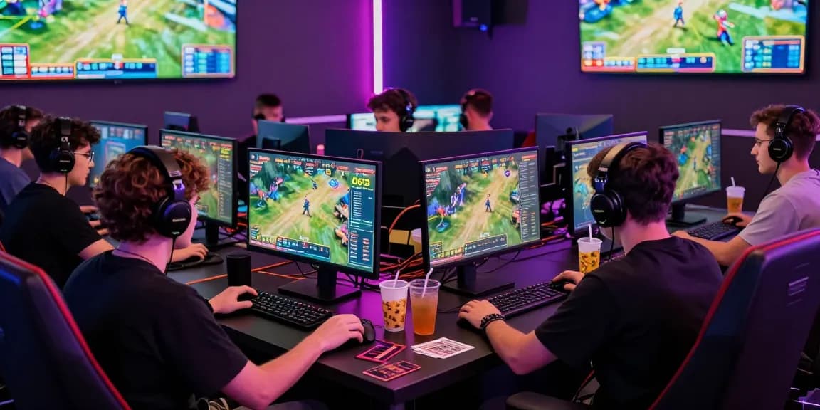 Diverse gamers immersed in live betting at 663 bet gaming lounge, vibrant atmosphere with illuminated screens.