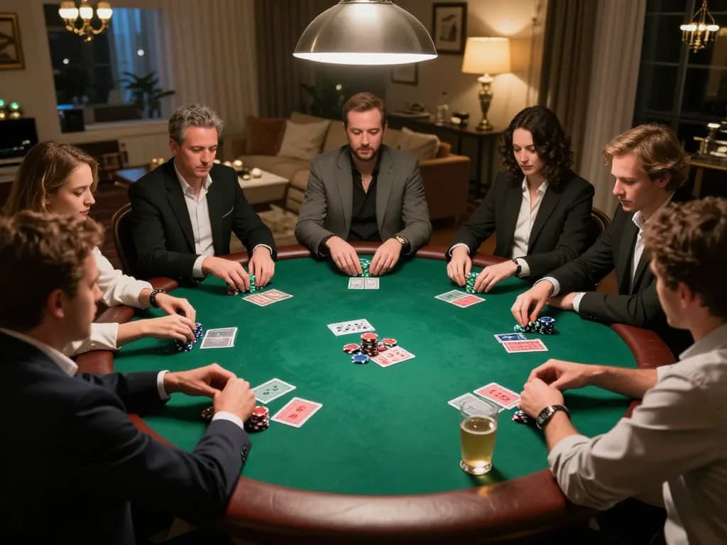 789 poker players intensely strategizing over a high-stakes table with colorful chips