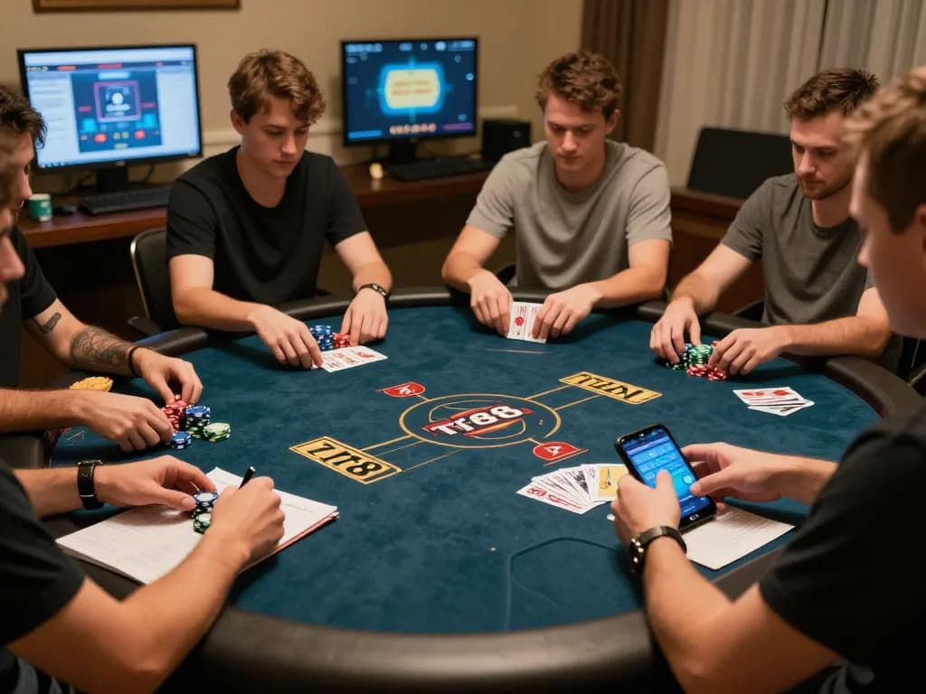 Engaging gameplay at TT88 poker table showing strategic betting decisions in a cozy home setup.