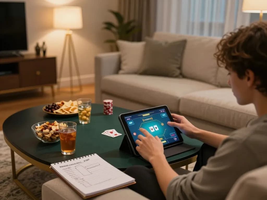 Kuwin player enjoying an online poker game on tablet in a cozy living room