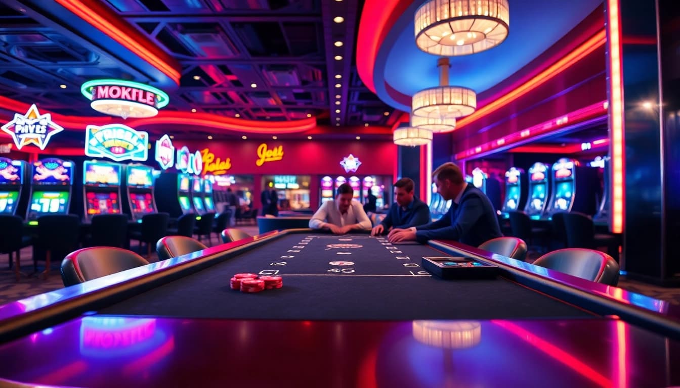 Experience thrilling y3娱乐 at a dynamic casino scene with players and vibrant lights.