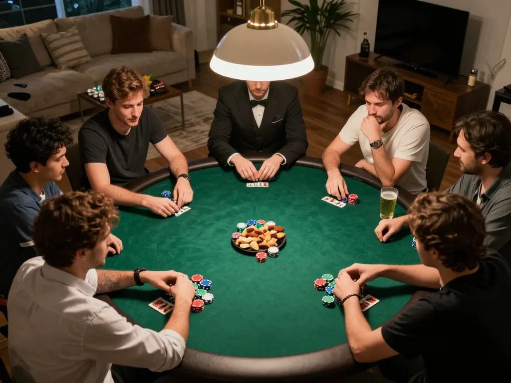 Players enjoying a poker game night on taixiusunwin.art, focused on strategy with cards and chips.