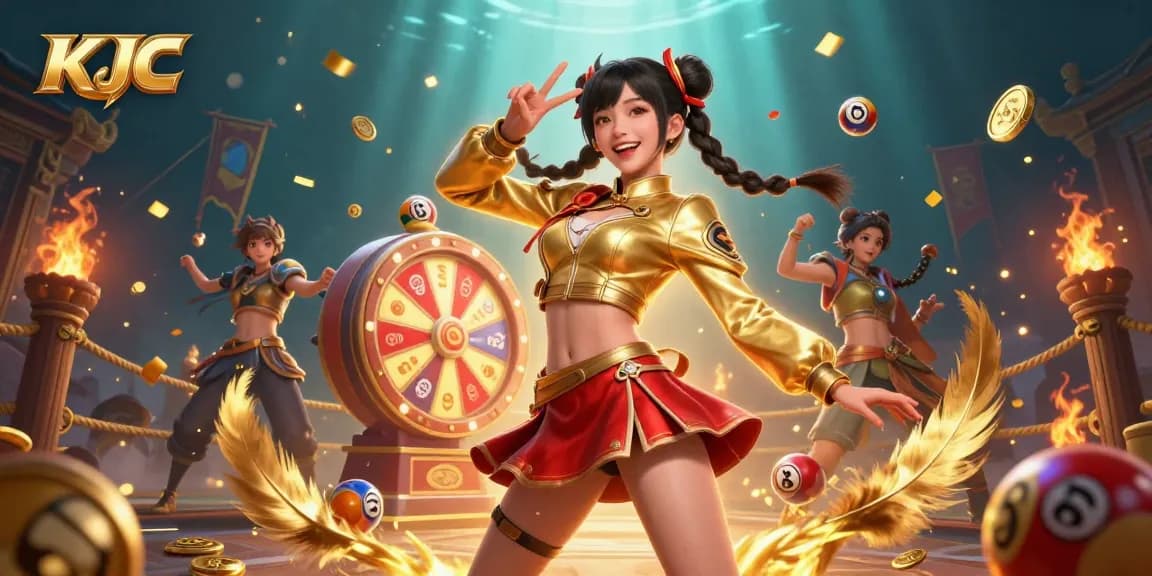 KJC engages players with colorful lottery balls and an exciting prize wheel illustration.