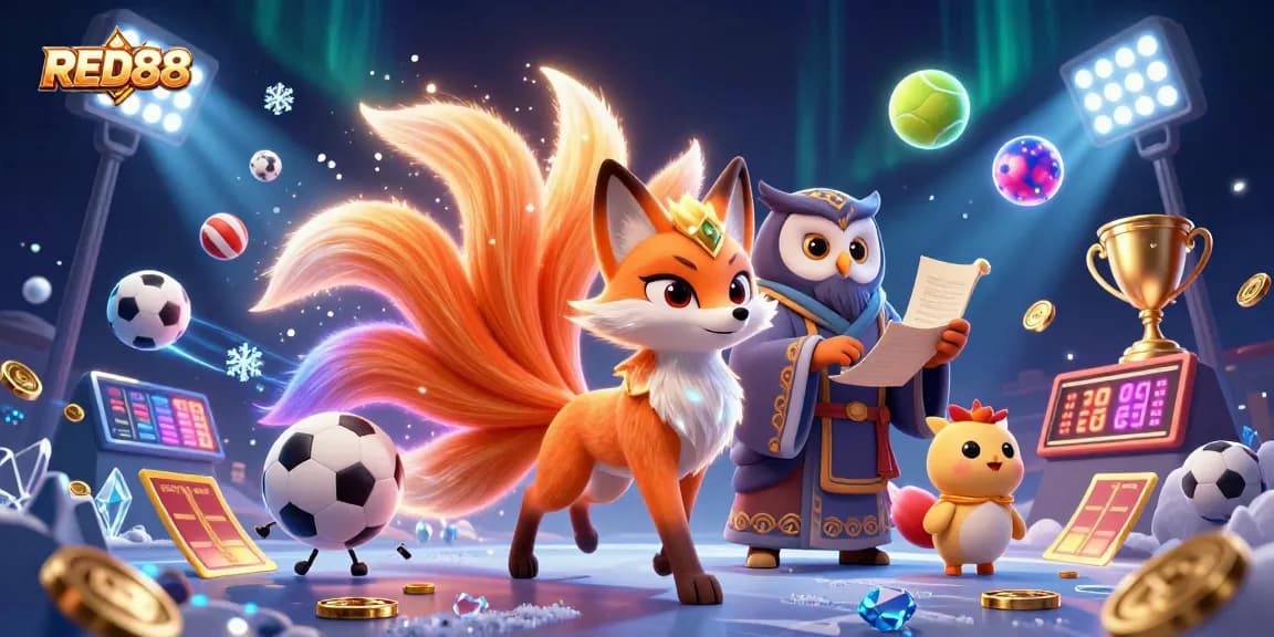 Experience the magic of RED88 through a vibrant scene filled with animated characters and dynamic gambling elements.