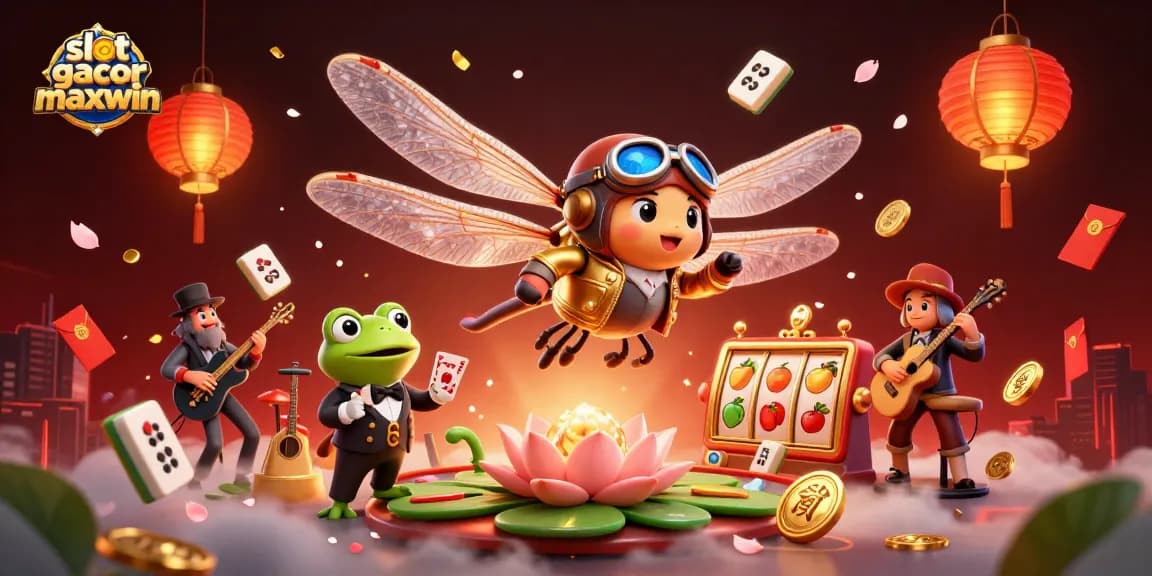 Engage with slot gacor maxwin as a whimsical dragonfly pilot soars above lively casino action, showcasing thrilling gameplay.
