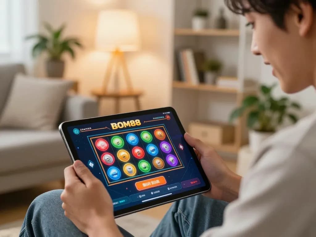 Pemain BOM88 menikmati permainan slot online di tablet dalam pengaturan rumah yang nyaman, menampilkan gameplay yang menarik