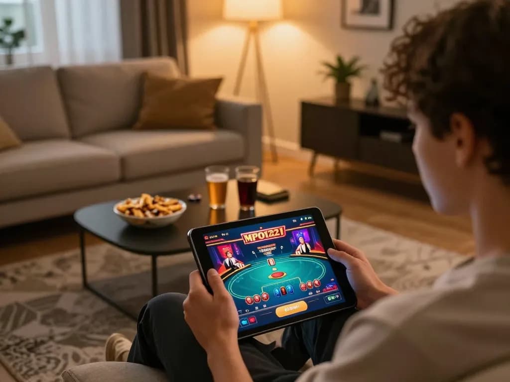 MPO1221 permainan kasino online yang menarik di tablet, menunjukkan pengaturan permainan di rumah.