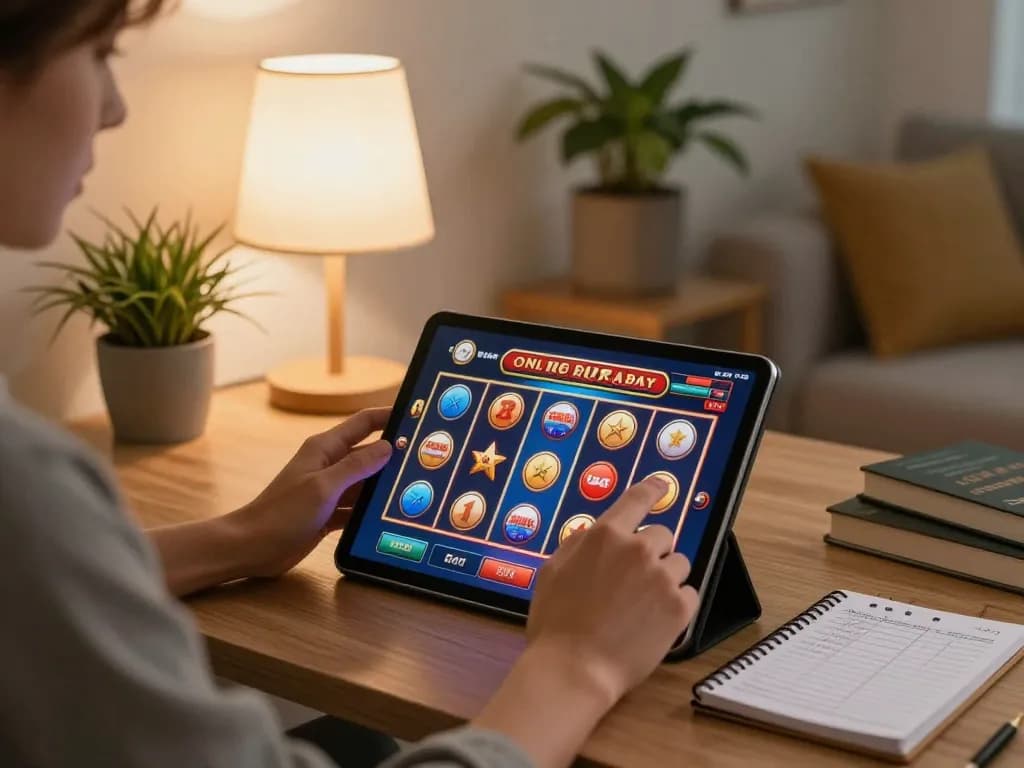 Engaging scene of playing online slots while déposer sur wildsultan in a cozy home setting.