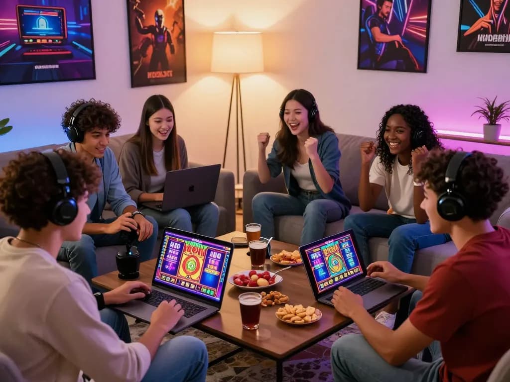 Dynamic gaming scene on KDSLOTS platform with friends cheering while playing slot games together.