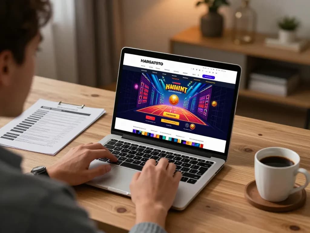 hargatoto login on a laptop while enjoying a cozy home gambling experience