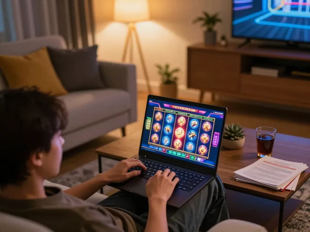 Pemain yang terlibat menikmati toto slot gacor di laptop sambil duduk nyaman di rumah dengan catatan taruhan strategis.
