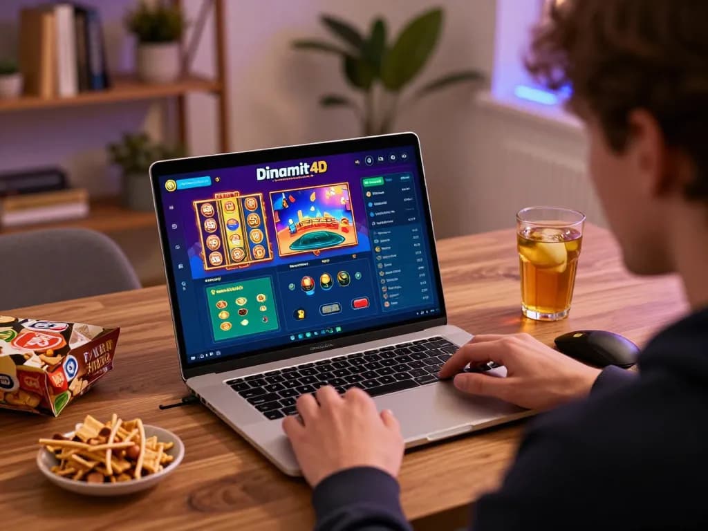 Player exploring exciting dinamit4d online gaming options at home with laptop and snacks