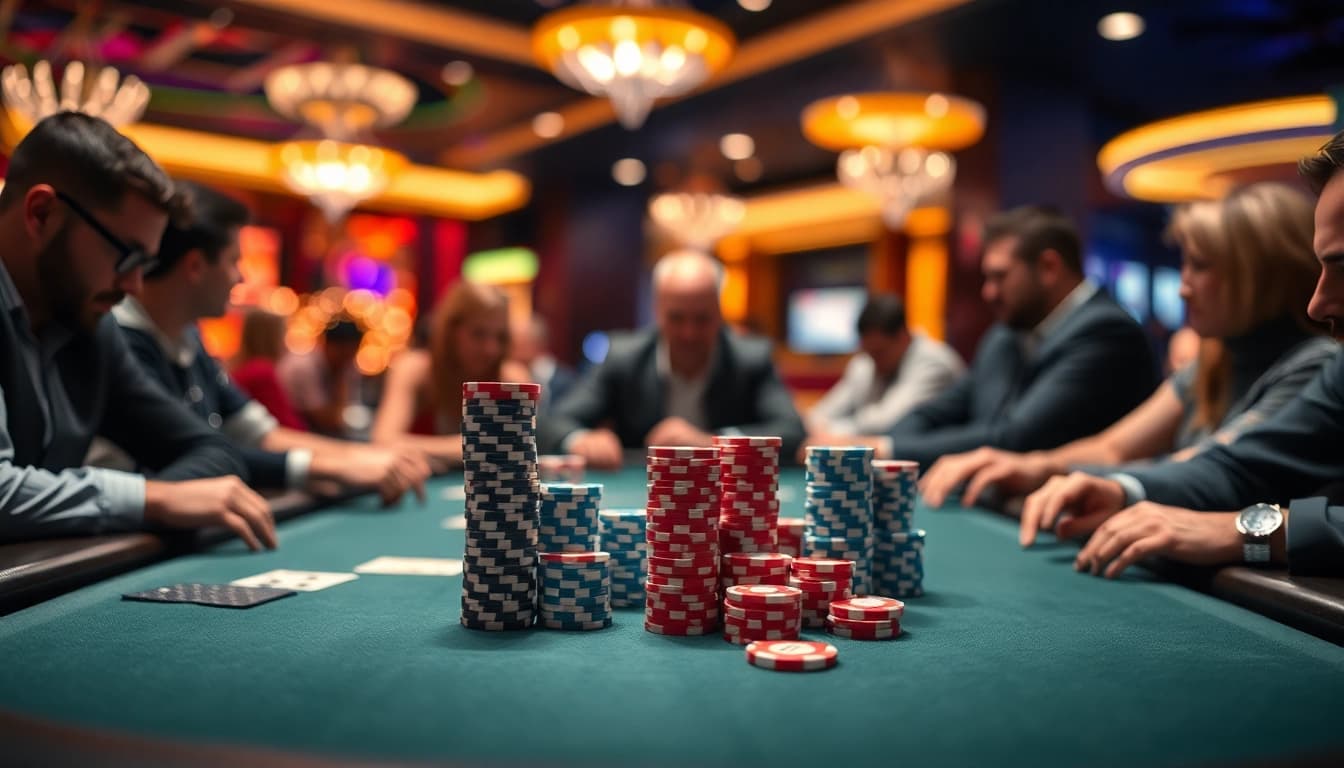 Casino spielen am Tisch mit Spielern, fokussiert auf Poker und Gewinnchancen.