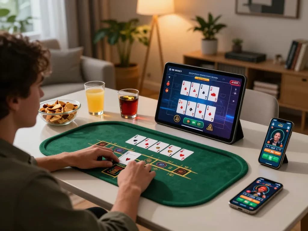 Player enjoying mm88 online blackjack on tablet at home, with lively atmosphere and strategic snacks nearby