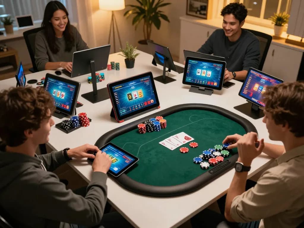 tip88 players engaging in an exciting online poker game at home with vibrant tablet screens