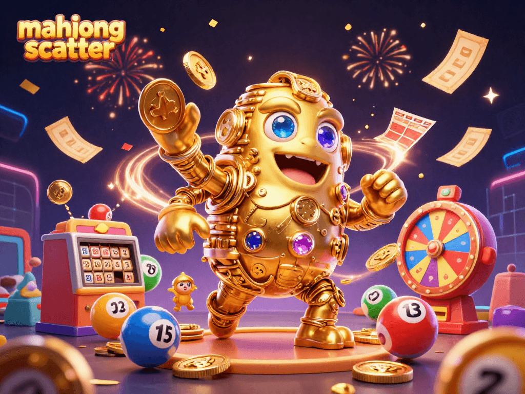 Spin the excitement of mahjong scatter with a golden golem and vibrant casino elements celebrating your wins!