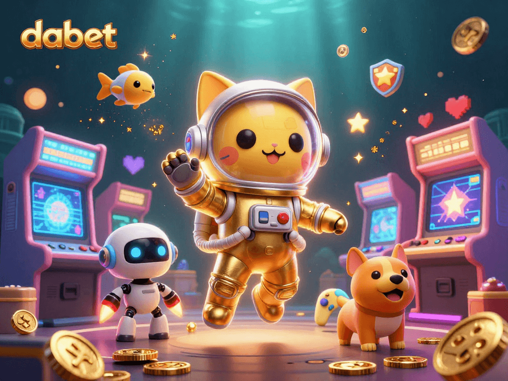 Engage with dabet's vibrant gaming scene featuring a space cat and robot dog surrounded by colorful arcade elements.