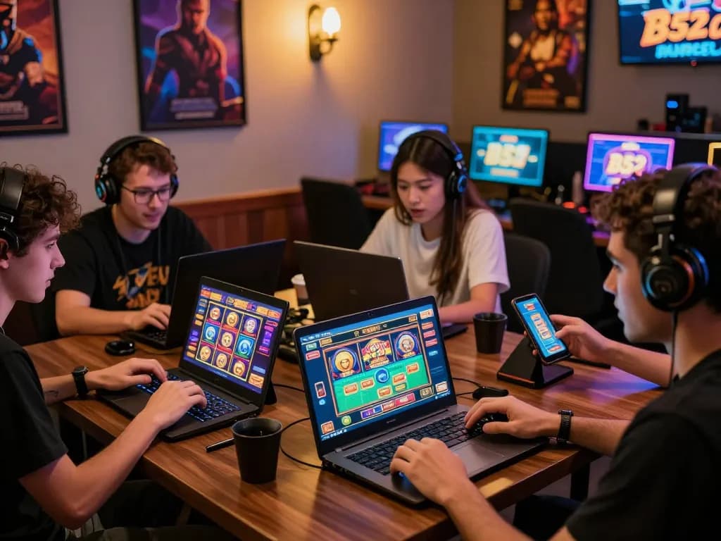 Players enjoying tai b52club gaming on multiple devices in a lively atmosphere.