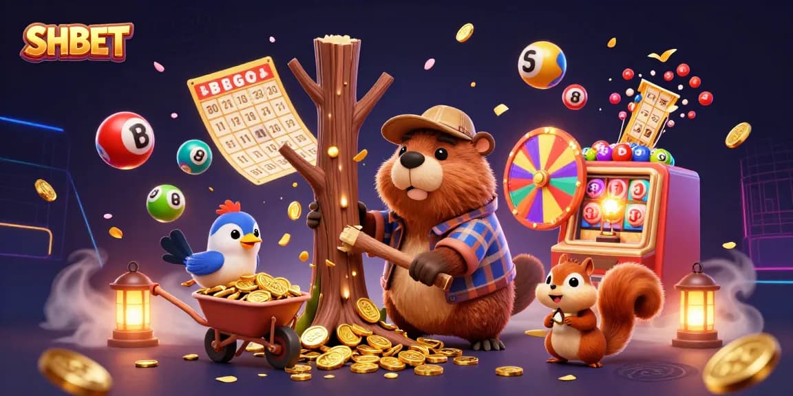 Engaging SHBET casino scene with a tree raining golden coins and vibrant game elements.