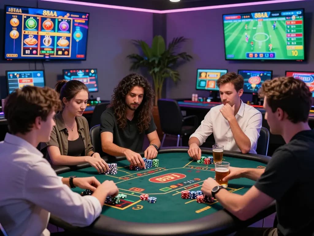 Players celebrating wins on 88aa Trang chủ in a vibrant online gambling scene with digital games.
