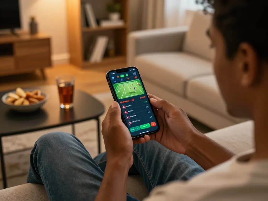 Engaging in sports betting on JUN88 mobile app from a cozy living room setting